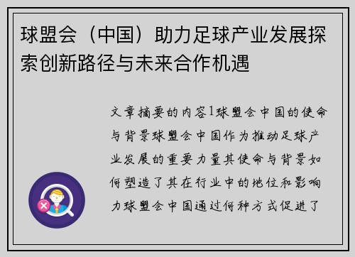球盟会（中国）助力足球产业发展探索创新路径与未来合作机遇